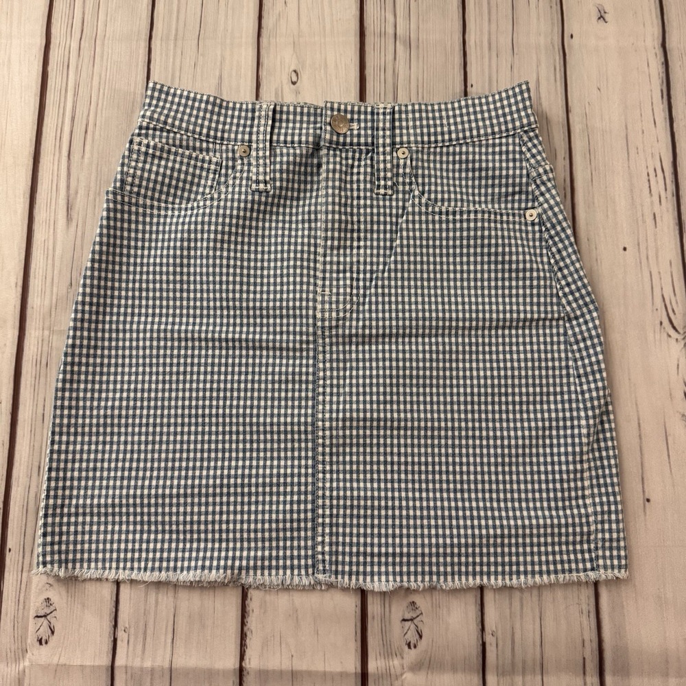 Madewell Stretch Straight Mini Skirt Gingham Raw-Hemmed Blue‎ White Size 25